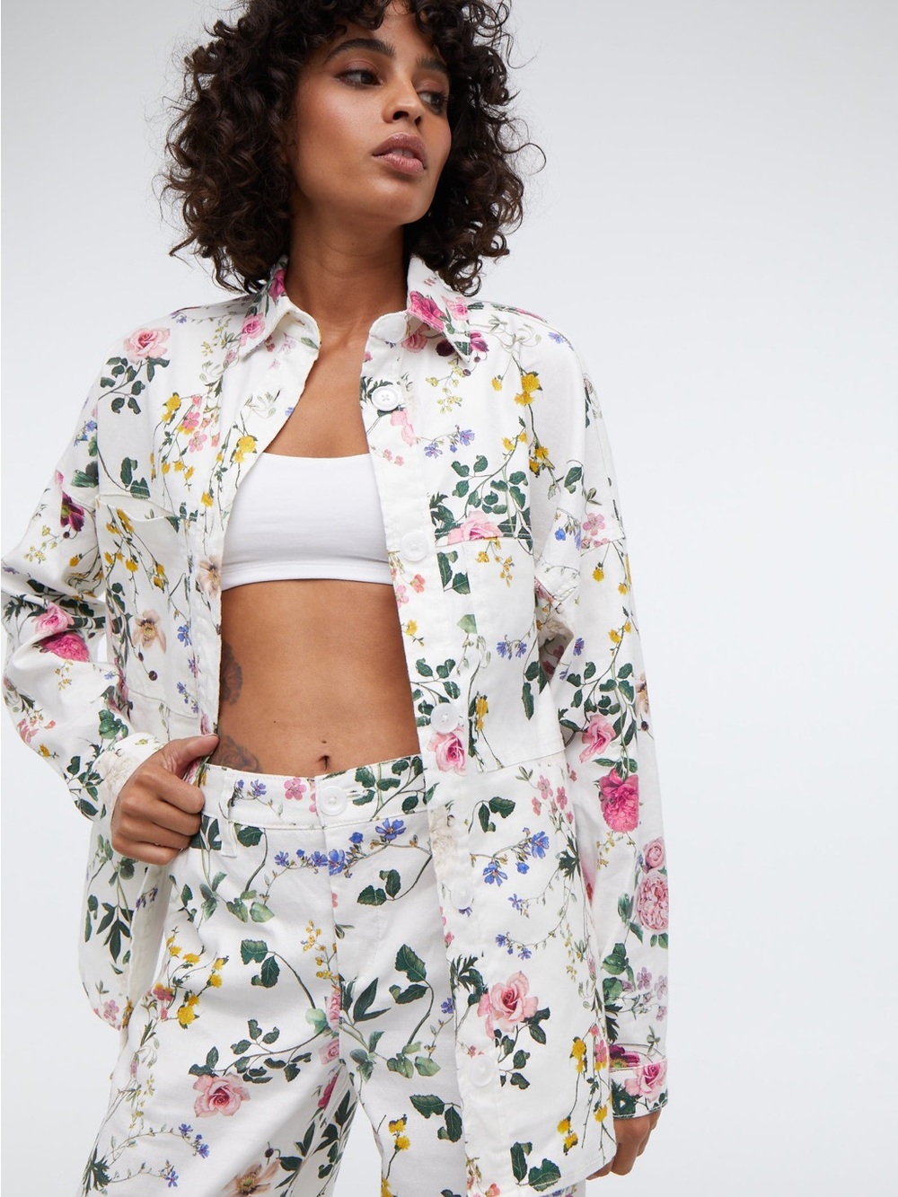 Level 99 White Floral Button-Up Shirt Jacket